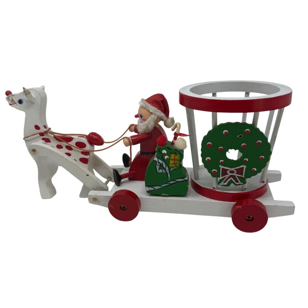 Vintage Wooden Santa Sleigh Reindeer Figurine Red White Holiday Christmas Kitsch